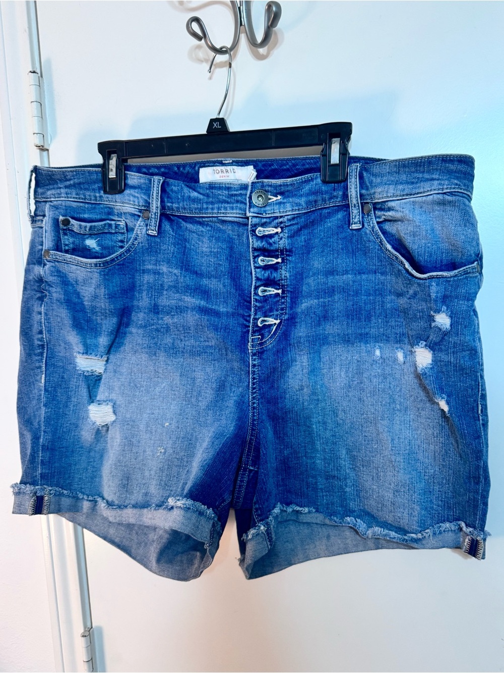 torrid Blue Distressed Button-Fly Denim Shorts